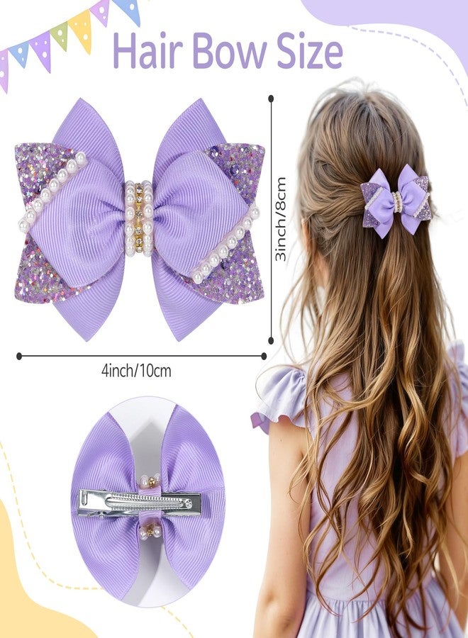 مشابك شعر لامعة مزينة بترتر لامع مقاس 4 بوصات، دبابيس شعر على شكل فيونكة من اللؤلؤ لحفلات الزفاف، مناسبة للمراهقات والأطفال الصغار، إكسسوار لتزيين فساتين حفلات أعياد ميلاد الفتيات المشجعات (بنفسجي فاتح) - Image 2